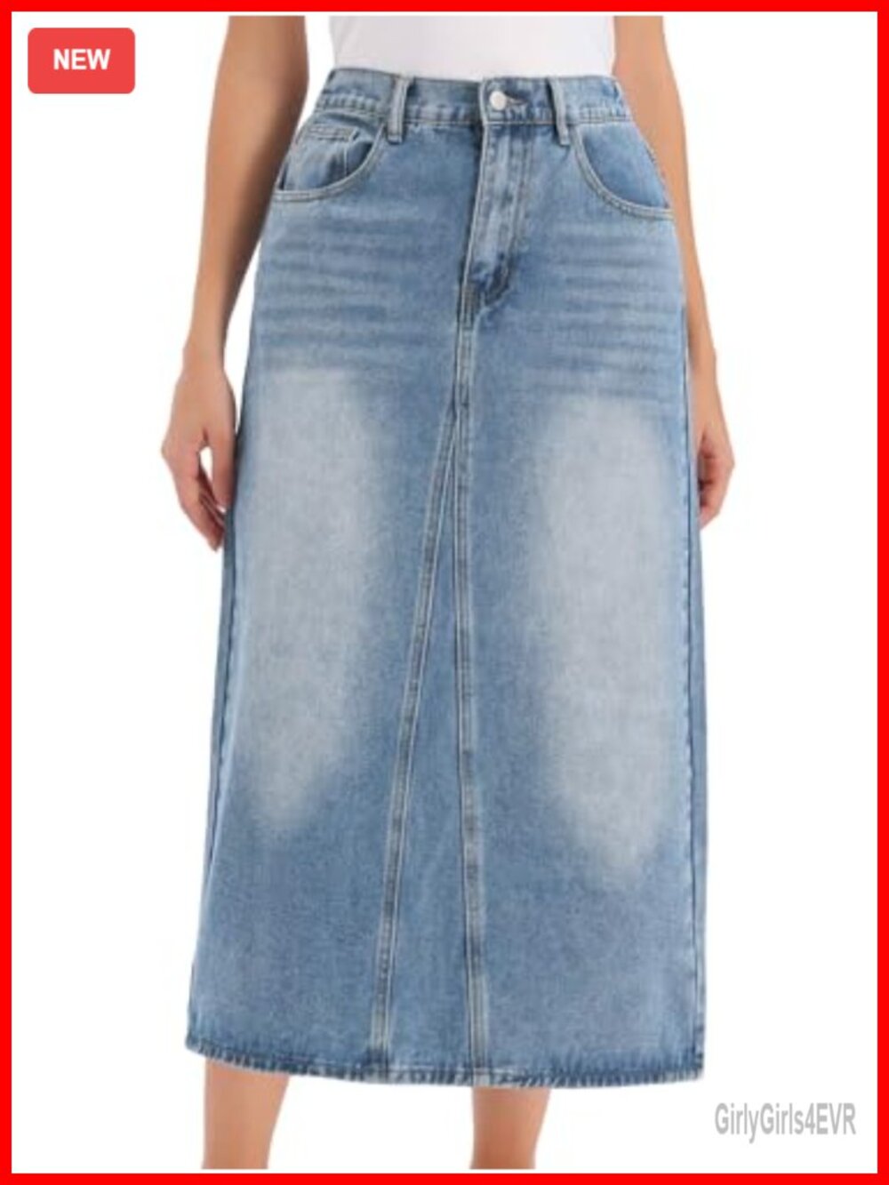 Long Denim Skirt Elastic Waist A-Line High Waisted Jean Skirt with Slit